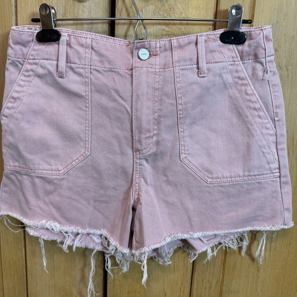 Paige Pink Lilac Utility High Rise Raw Distressed Hem Denim Shorts - Picture 1 of 3